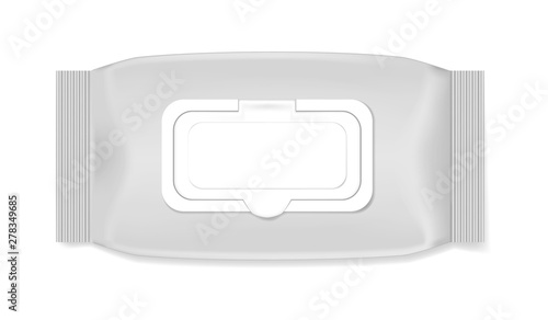 Wet wipes flip-top pack, realistic illustration. Blank white moist wipe packaging with plastic dispenser, vector mock-up