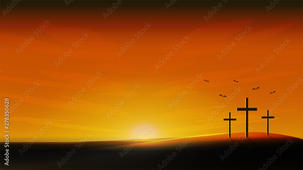 Christian religious design for Easter celebration. Resurrection of Jesus Christ. The dawn of the new morning and the crosses is empty. Vector illustration