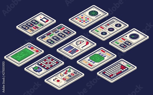 Isometric 3d control panel of the spaceship. Includes all sorts of buttons radar tumbler switches. Vector illustration.