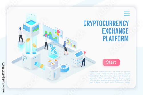 Cryptocurrency exchange platform isometric landing page vector template. Blockchain service website design layout. Crypto currency investments, market, banking. Fintech 3d concept