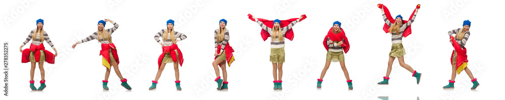 A girl in bright winter clothes isolated on white A girl in bright winter clothes isolated on white