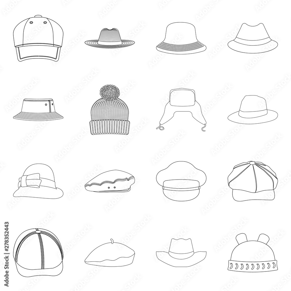 Vector illustration of headgear and cap icon. Set of headgear and accessory vector icon for stock. Vector illustration of headgear and cap icon. Set of headgear and accessory vector icon for stock.