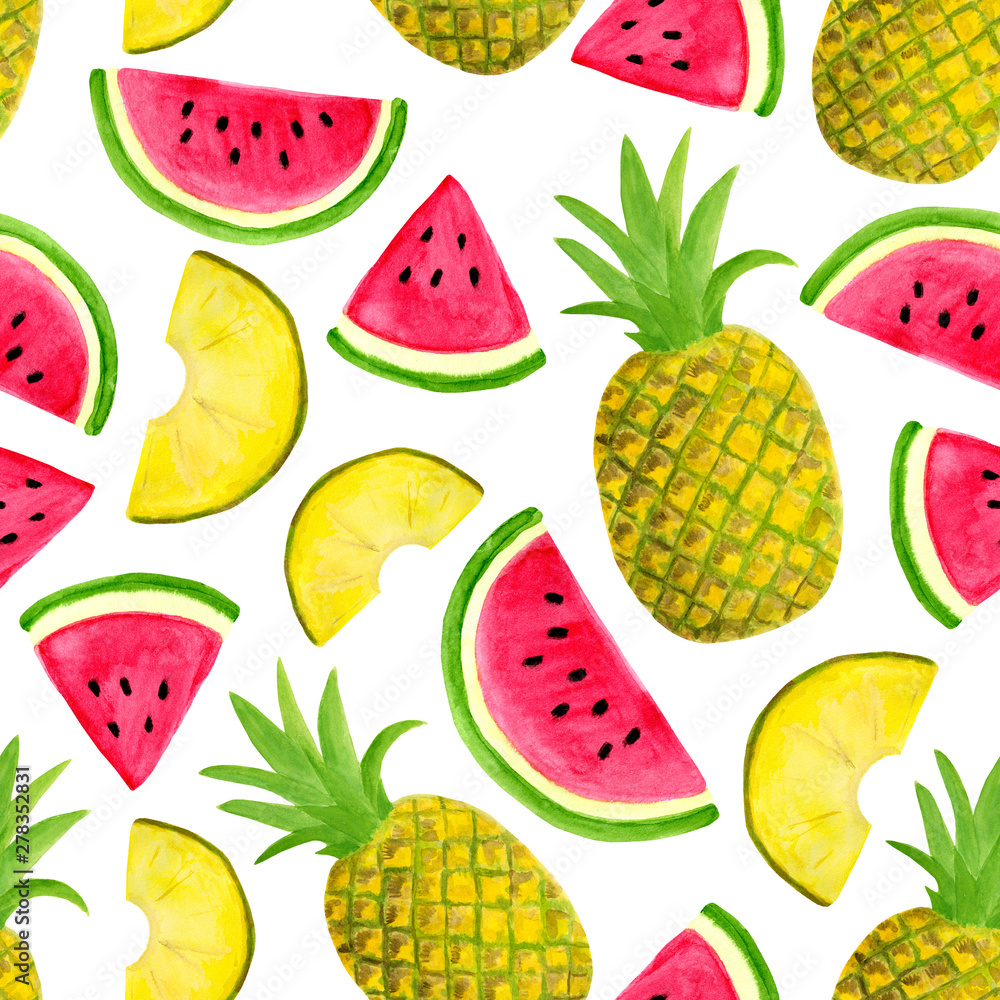 Seamless watercolor pattern with watermelon and pineapple isolated on white background. Hand drawn fruits and slices for food packaging design, wrapping, textile, decor, scrapbooking. Seamless watercolor pattern with watermelon and pineapple isolated on white background. Hand drawn fruits and slices for food packaging design, wrapping, textile, decor, scrapbooking.