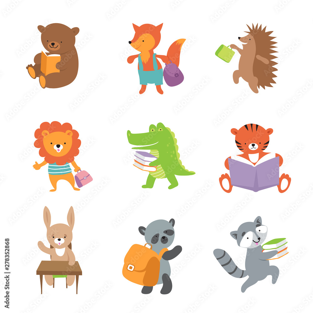 Fototapeta premium Cute school animals. Bear and fox, lion and crocodile, tiger and panda. Vector school baby animals set. Illustration of bear and crocodile, koala and tiger