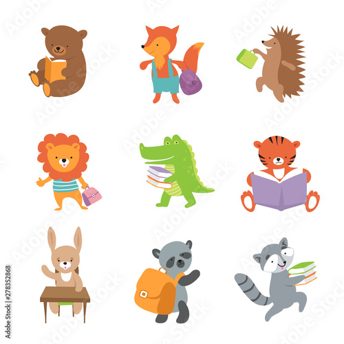 Cute school animals. Bear and fox, lion and crocodile, tiger and panda. Vector school baby animals set. Illustration of bear and crocodile, koala and tiger