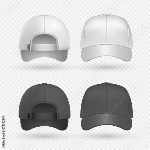 Realistic black and white sport caps isolated on transparent background. Baseball hat design templates vector illustration