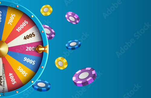 Realistic fortune wheel and chips - casino vector background. Illustration of fortune luck wheel, gambling casino game, play in lottery