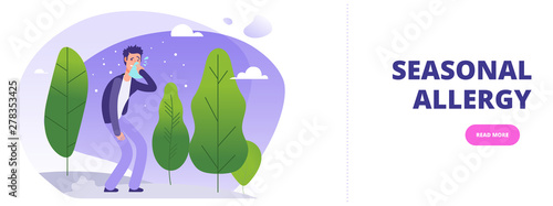 Seasonal allergy banner template. Man with season allergy simptoms in flowering forest vector illustration with white background
