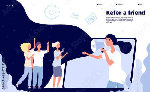 Refer a friend. People shouting on megaphone friendly buzzing, friends business reference landing page vector template. Illustration of reference friend, megaphone recommend use network