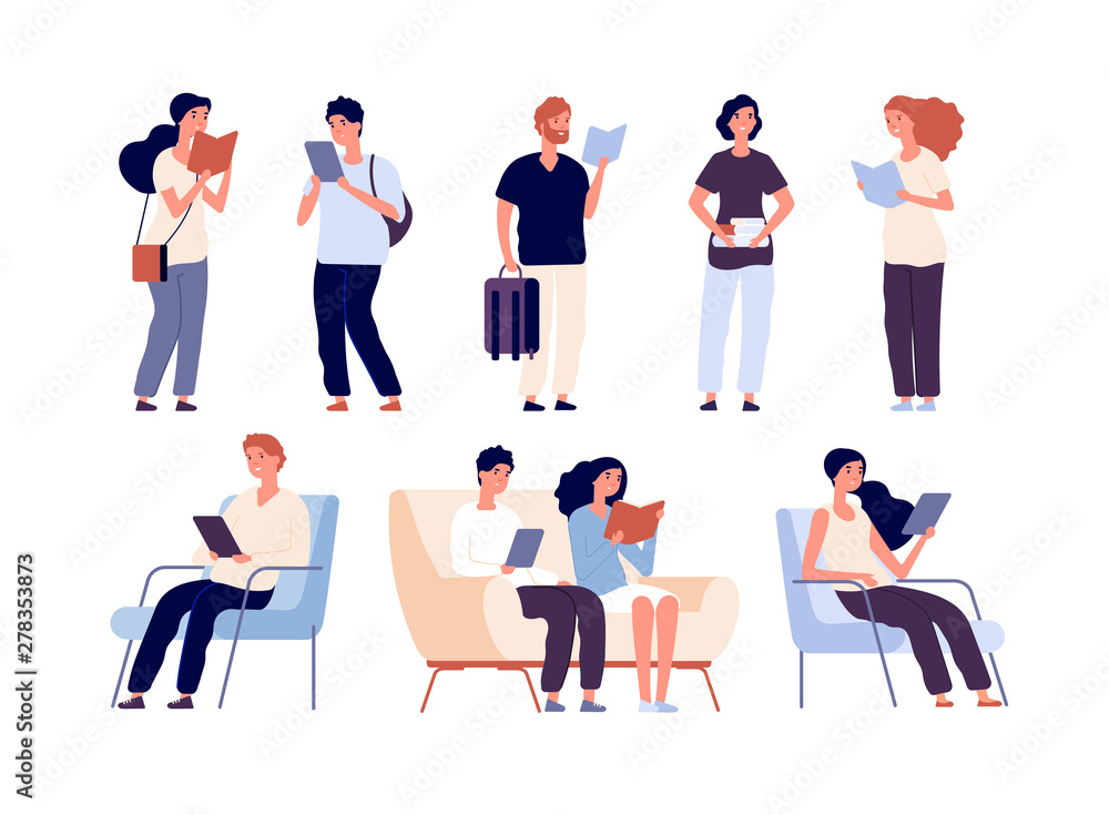 People read. Persons reading books sit on chair in bookstore book festival. Students studying in library vector isolated characters. Education knowledge, student man and woman learn illustration People read. Persons reading books sit on chair in bookstore book festival. Students studying in library vector isolated characters. Education knowledge, student man and woman learn illustration