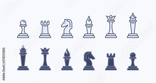set of linear icons on a white background, types of chess pieces