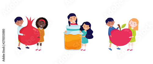 shana tova greeting card with happy kids holding rosh hashana symbols, appla, pomegranate and honey. Vector
