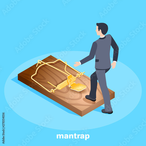 Isometric vector image on a blue background, a man in a business suit steps into a trap, threats in business