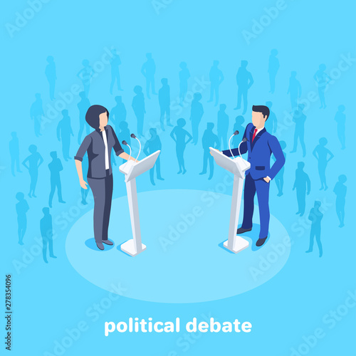 Isometric vector image on a blue background, woman in business suits stand in front of a microphone on the stage among the spectators, political debates