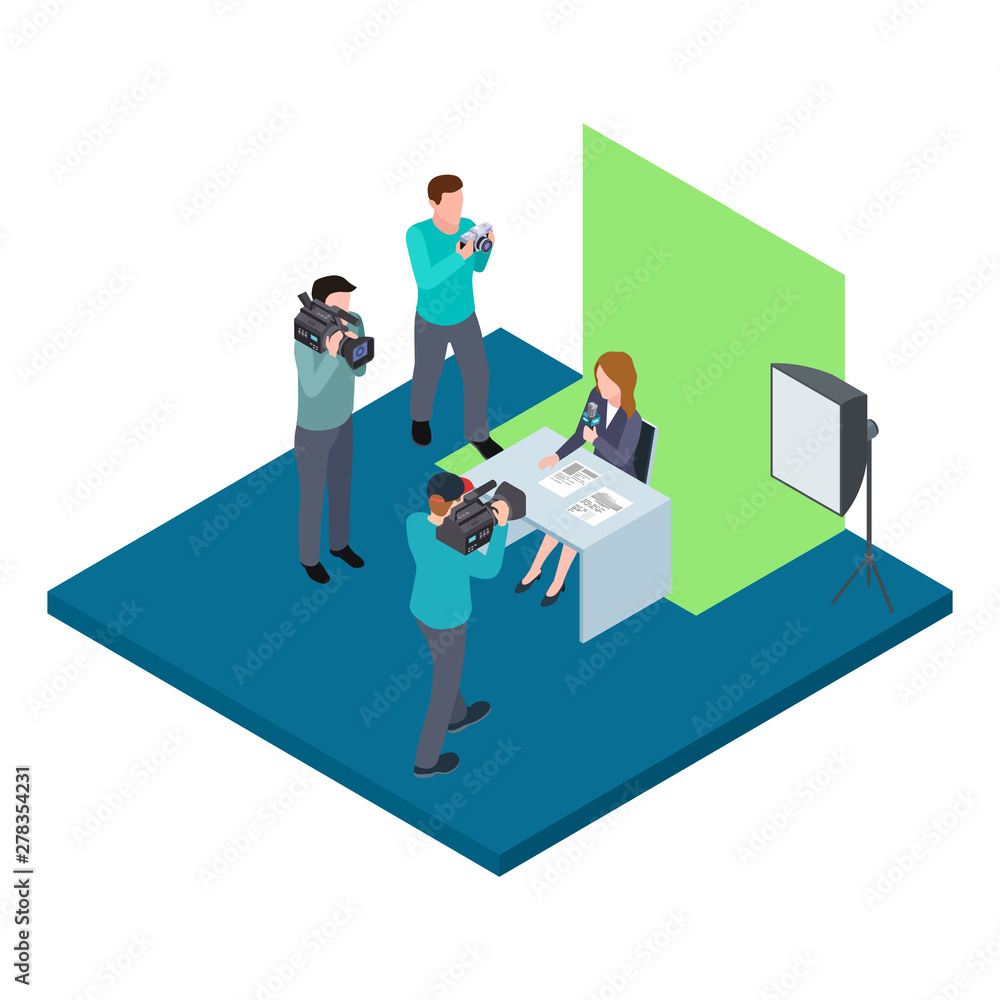 Isometric TV host filmed on chroma key vector illustration. Television camera equipment, video shooting isometric Isometric TV host filmed on chroma key vector illustration. Television camera equipment, video shooting isometric