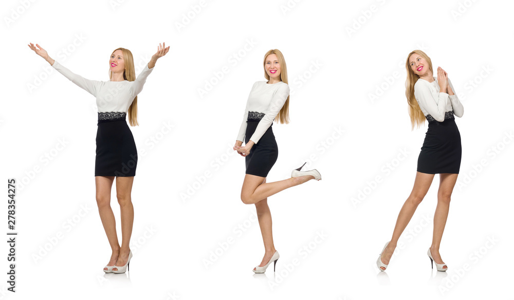 Pretty woman in black and white dress isolated on white Pretty woman in black and white dress isolated on white