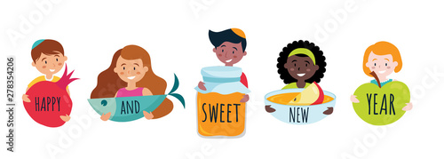 happy sweet new year banner with rosh hashana symbols. Vector