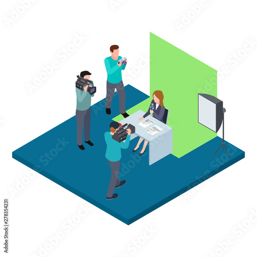 Isometric TV host filmed on chroma key vector illustration. Television camera equipment, video shooting isometric
