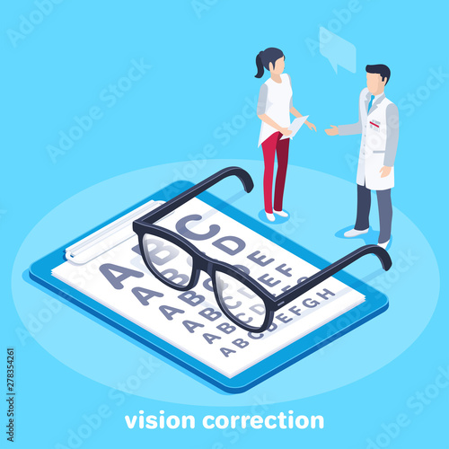 isometric vector image on a blue background, glasses on the tablet and the optometrist with the patient, checking and treatment of vision