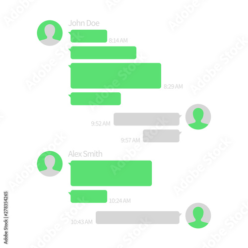 Chat app template. Short message service vector illustration with text bubbles. Message speech bubble for communication, green style sms mobile