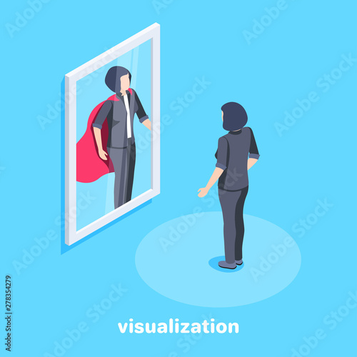 isometric vector image on a blue background, a woman in a business suit stands in front of a mirror in which she is reflected as a superman with a red cloak, the motivation for success in business
