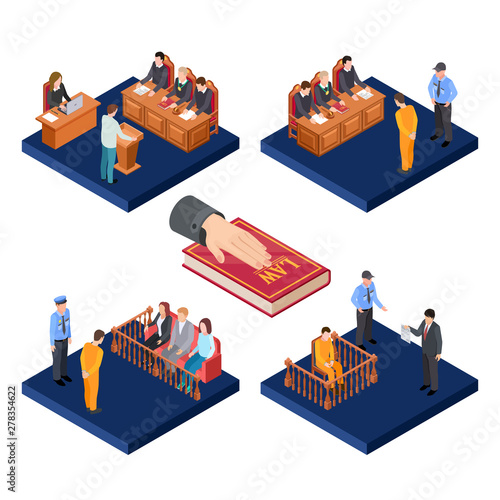 Isometric trials vector concept. 3D law illustration with prisoners, judge, jury. Prosecutor suspect man, juridical session