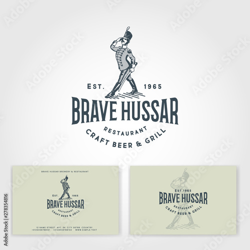 Brave Hussar logo. Restaurant emblem. Beer label. Engraved illustration of Hussar and vintage lettering. Craft beer brewery. Business card.