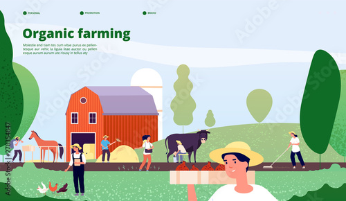 Fototapeta Naklejka Na Ścianę i Meble -  Farmer landing page. Agricultural workers work with equipment in nature, agriculture and organic farming vector concept. Farmer agriculture, farm work agricultural illustration