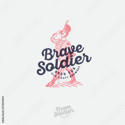 Brave Soldier logo. Beer label. Pub emblem. Engraved illustration of brave soldier and vintage lettering. Craft beer brewery. 