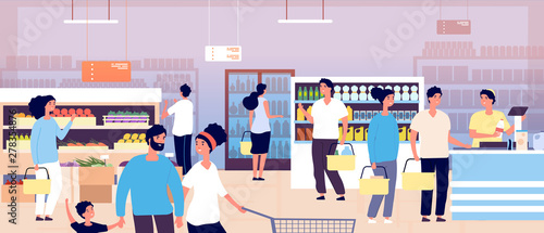 People in grocery store. Customers buying food in supermarket. Shopping customers choosing products. Consumerism vector concept. Interior of supermarket, buying food and drink illustration