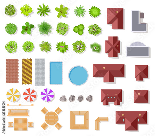 Top view garden elements. Aerial houses, green trees and bushes, pool and benches for landscape architectural plan vector items isolated set