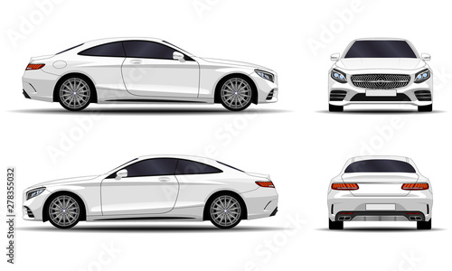 realistic car. sport coupe. front view; side view; back view.