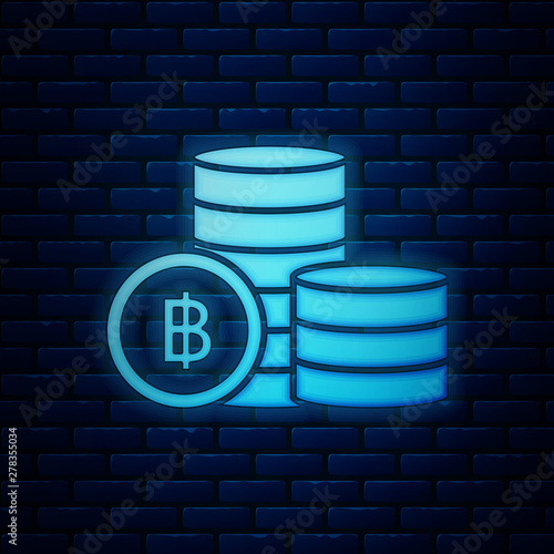 Glowing neon Cryptocurrency coin Bitcoin icon isolated on brick wall background. Blockchain technology, bitcoin, digital money market, cryptocoin wallet. Vector Illustration