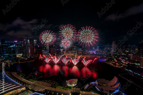 Aerial view of Singapore national day fireworks celebration at Marina Bay cityscape photo