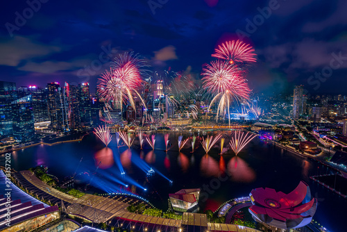 Aerial view of Singapore national day fireworks celebration at Marina Bay cityscape photo