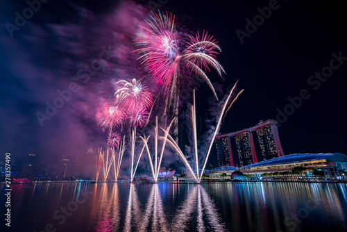 Singapore national day fireworks with Marina Bay Sands background photo