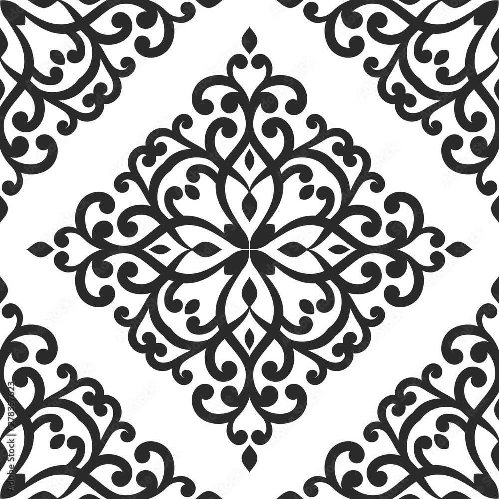 Black and white luxury seamless pattern with ornamental rhombus. Traditional Turkish, Indian motifs. Great for fabric and textile, wallpaper, packaging or any desired idea.