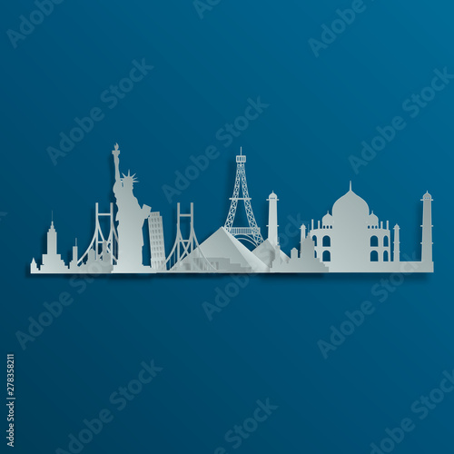 Vector, tourist attractions, world style, paper cutting. Road trip. Tourism. Landmarks on the globe. Concept website template. Vector illustration. Modern flat design.