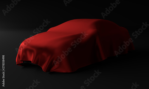 Car covered with a red cloth isolated on a black background. 3D rendering illistration