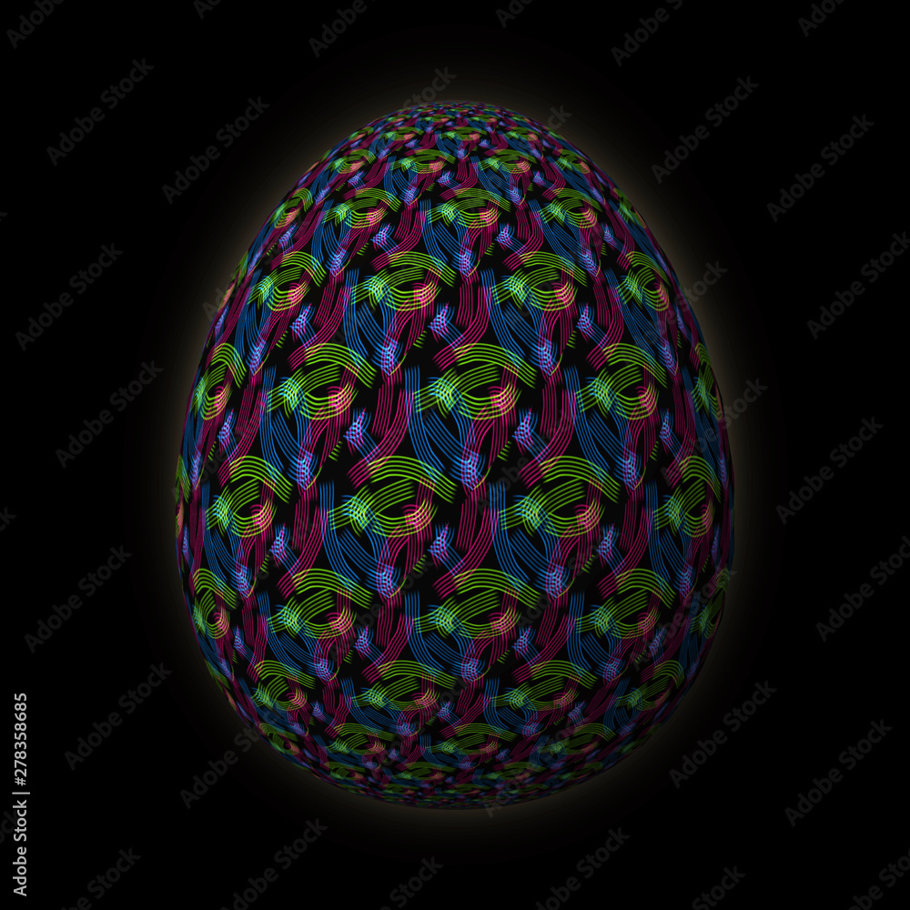 Happy Easter - Frohe Ostern, Artfully designed and colorful easter egg, 3D illustration on black background Happy Easter - Frohe Ostern, Artfully designed and colorful easter egg, 3D illustration on black background