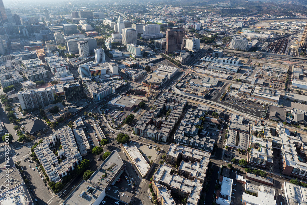 Afternoon aerial view of apartments, streets and buildings in the Little Tokyo area of downtown Los Angeles, California.  