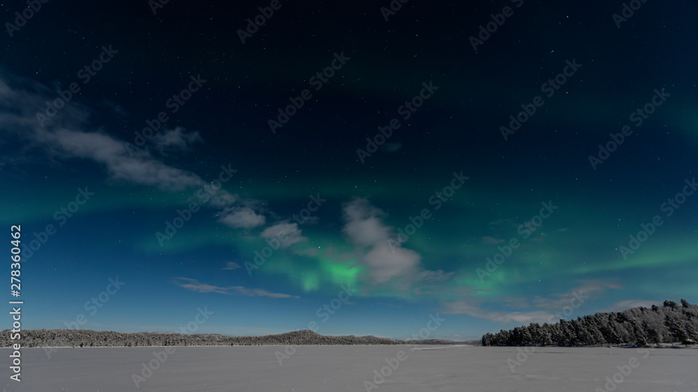 Green Northern lights streak across a frozen lake