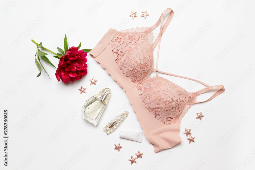 Woman elegant pink lace bra. Stylish lingerie flat lay. Stock Photo