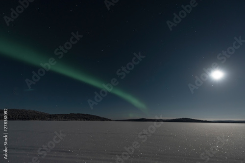 Green Northern lights streak across a sky lit by a super moon