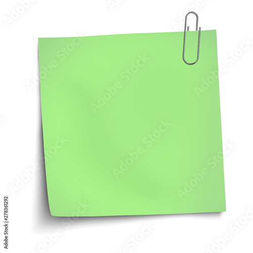 Vector paper mockup of light green note attached by metallic paper clip to white background
