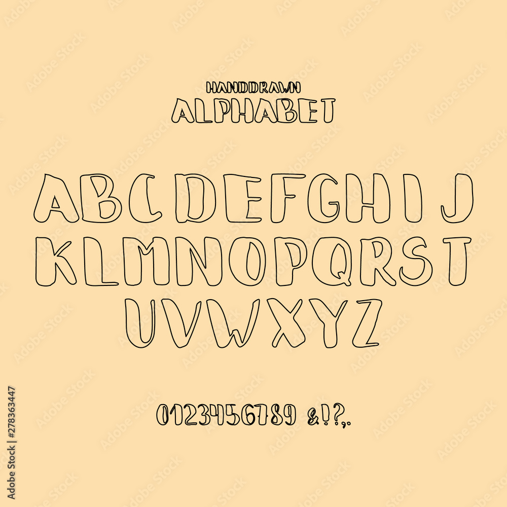 Vector design. Outline brush alphabet. Lettrs and numbers. For covers, printing on fabric, invitations, cards, blog posts.