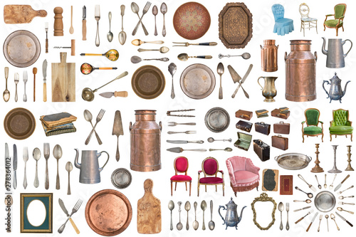 Set of beautiful antique items, picture frames, furniture, silverware. Retro. Vintage. Isolated on white background