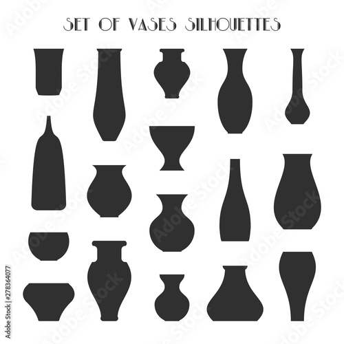 Vector illustration of isolated vase icons set. Silhouettes of 17 different vases. Monochrome flower vases collection. Fully editable file for your projects.