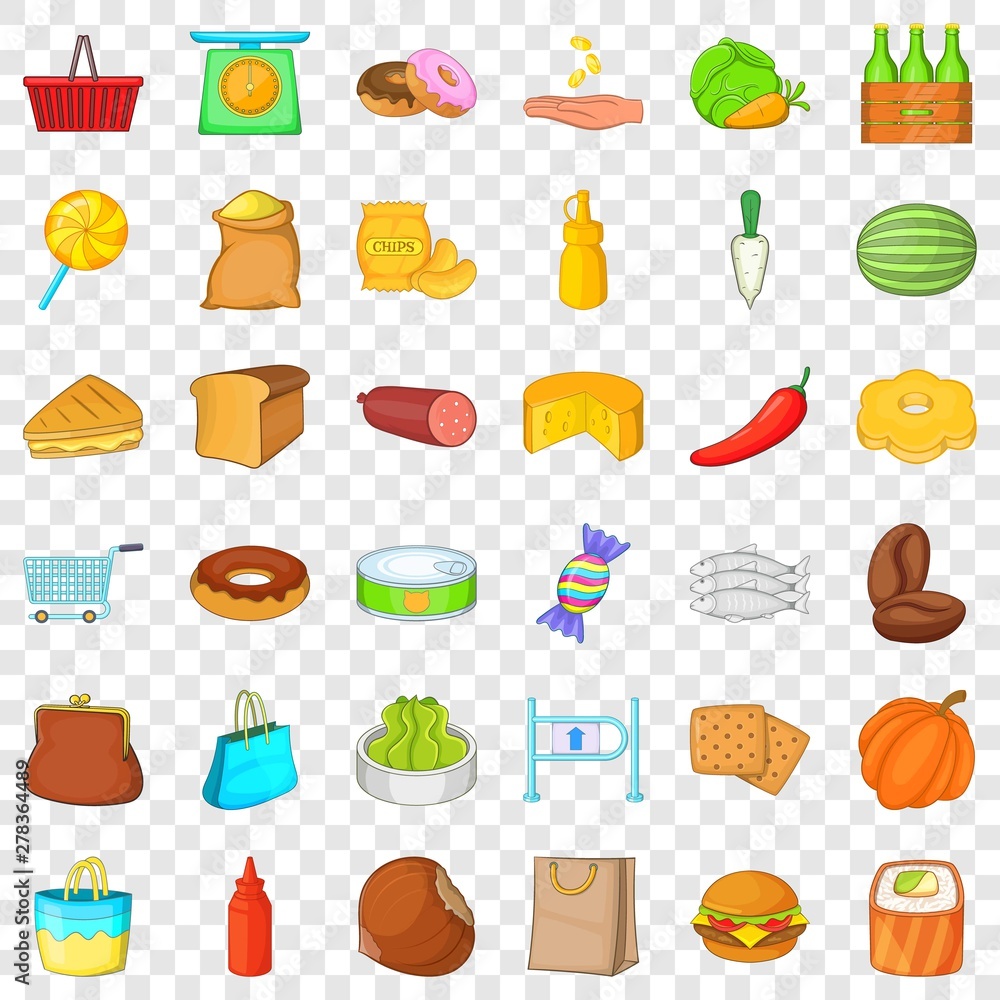 Buy of food icons set. Cartoon style of 36 buy of food vector icons for web for any design
