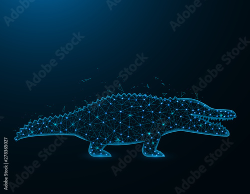 Crocodile low poly model, African animal polygonal wireframe, reptile vector illustration on dark blue background